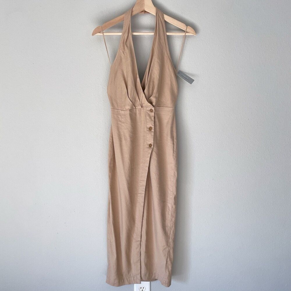 By Anthropologie Linen Halter V-Neck Column Midi Dress Size XS Petite NWT Brown